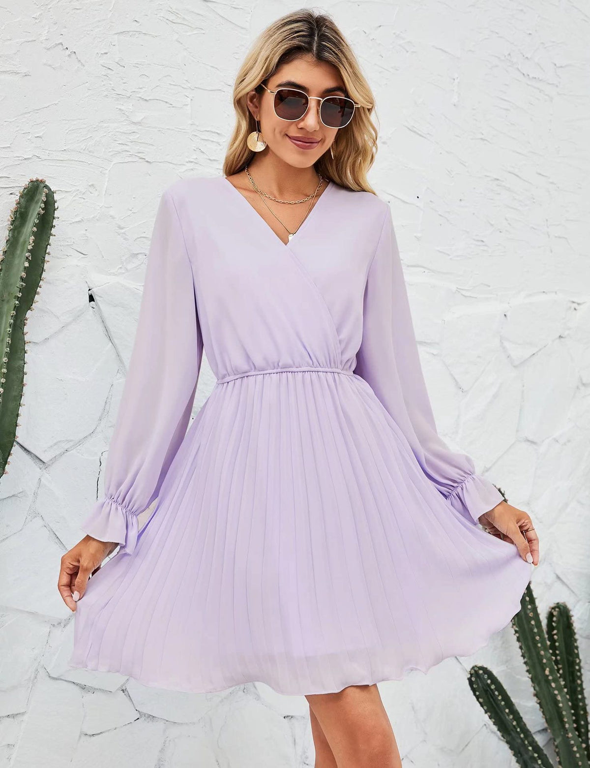 Wrap V-Neck Dress Casual Pleated Long Sleeve Mini Wedding