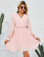Wrap V-Neck Dress Casual Pleated Long Sleeve Mini Wedding
