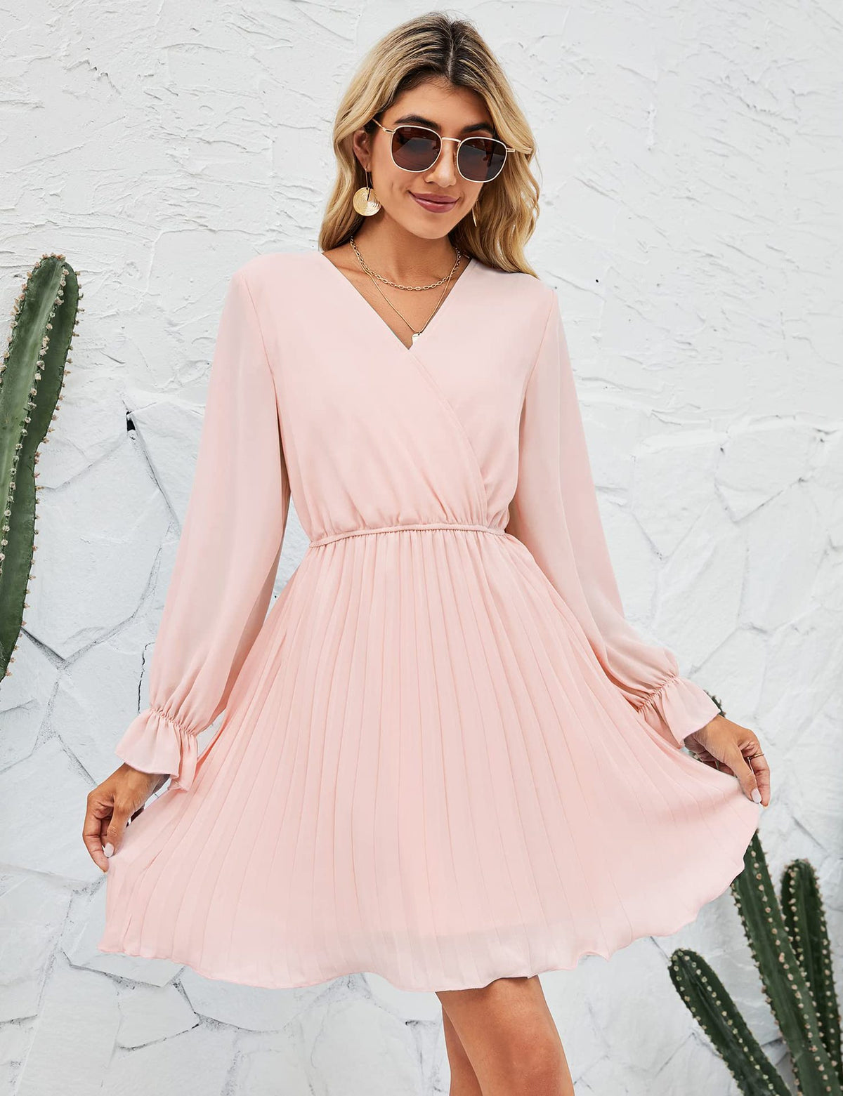 Wrap V-Neck Dress Casual Pleated Long Sleeve Mini Wedding