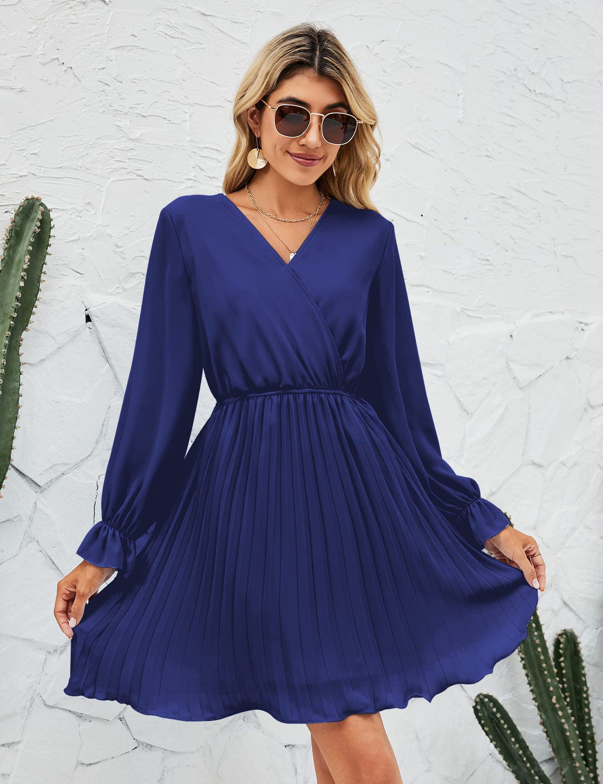 Wrap V-Neck Dress Casual Pleated Long Sleeve Mini Wedding