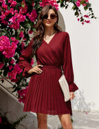 Wrap V-Neck Dress Casual Pleated Long Sleeve Mini Wedding