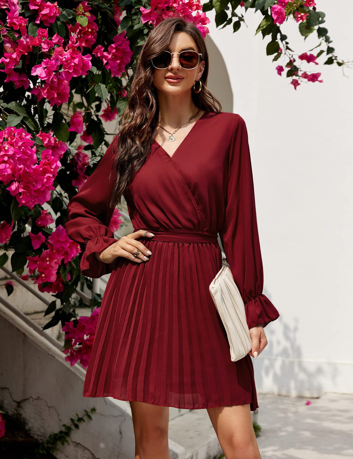 Wrap V-Neck Dress Casual Pleated Long Sleeve Mini Wedding