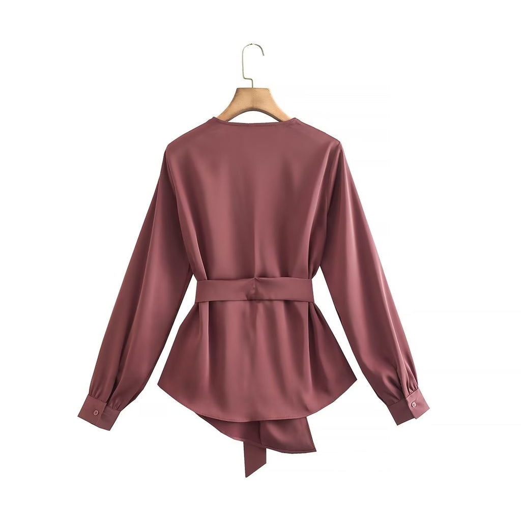 Women's Autumn Elegant V Neck Slim Shirt Waist Controlled Top