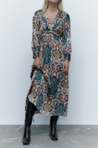 Floral V-Neck Long-Sleeve Midi Dress