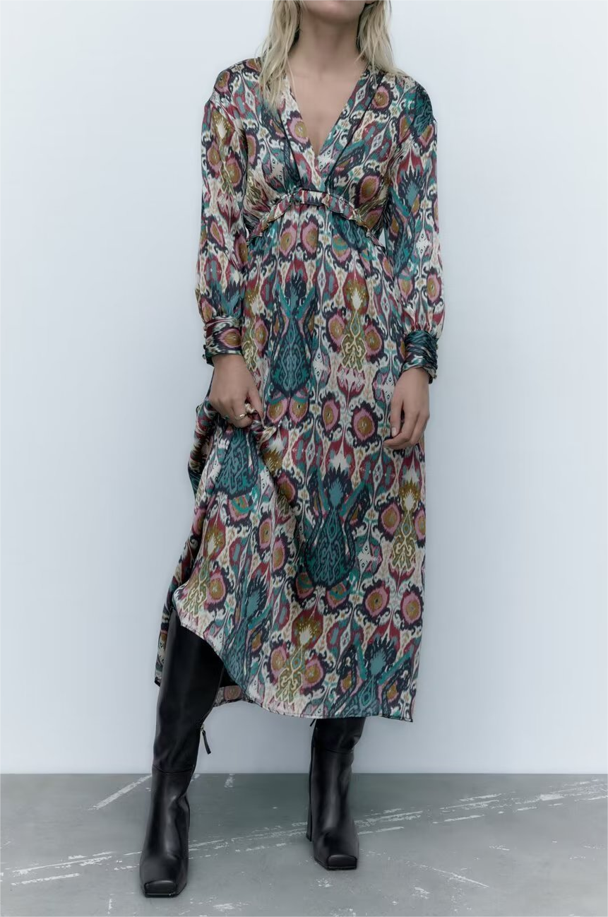 Floral V-Neck Long-Sleeve Midi Dress