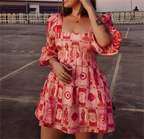 's Hollow Out Cutout Lantern Sleeve Dress Square Collar Printed