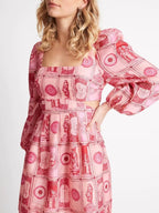 's Hollow Out Cutout Lantern Sleeve Dress Square Collar Printed