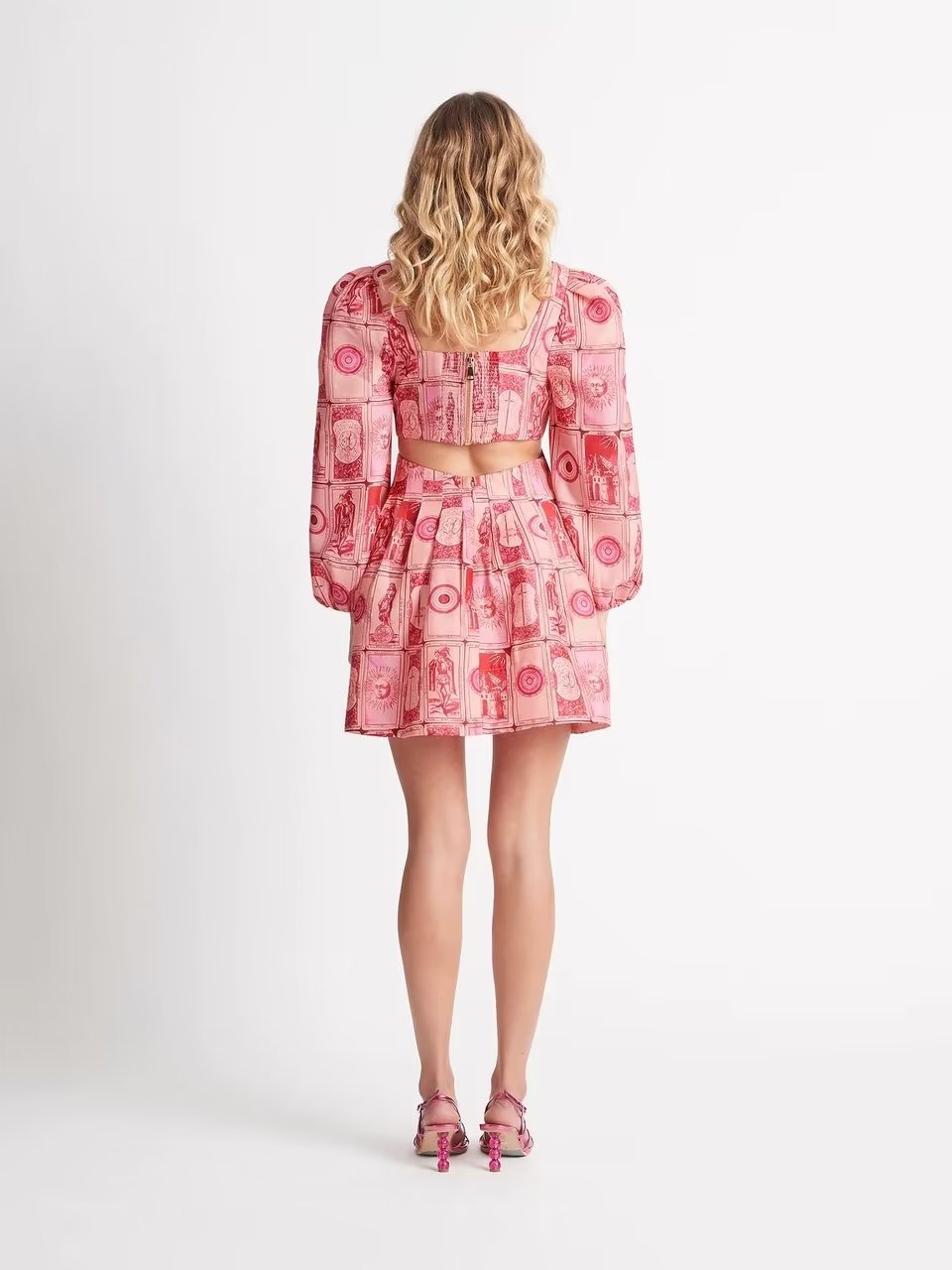 's Hollow Out Cutout Lantern Sleeve Dress Square Collar Printed