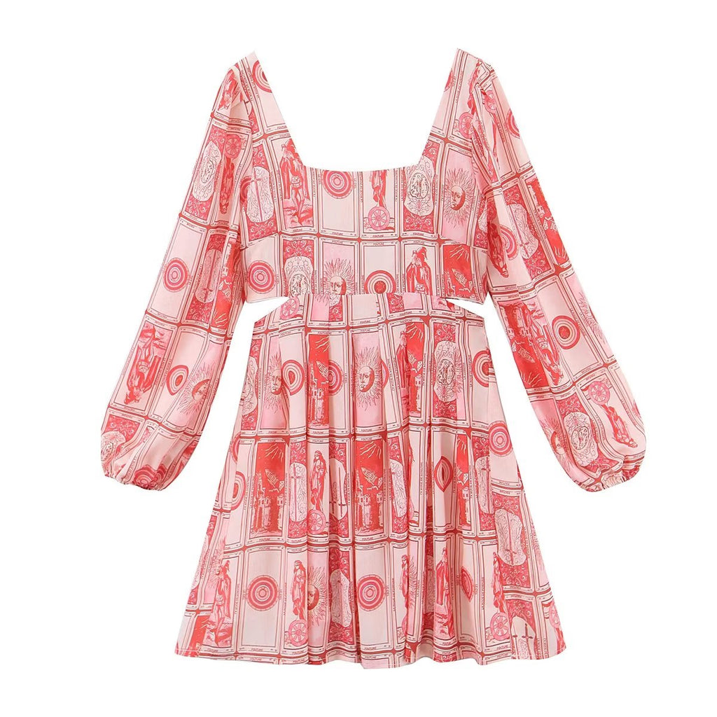 's Hollow Out Cutout Lantern Sleeve Dress Square Collar Printed