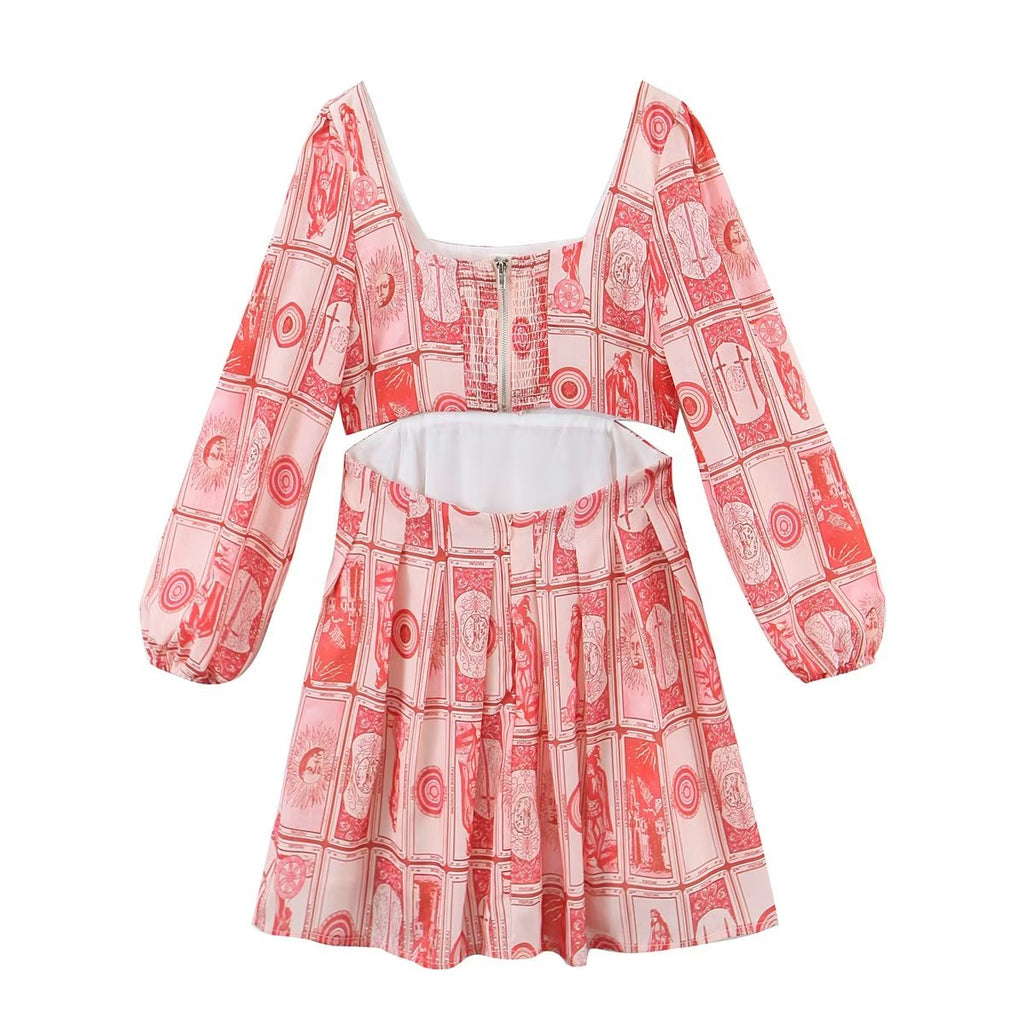 's Hollow Out Cutout Lantern Sleeve Dress Square Collar Printed