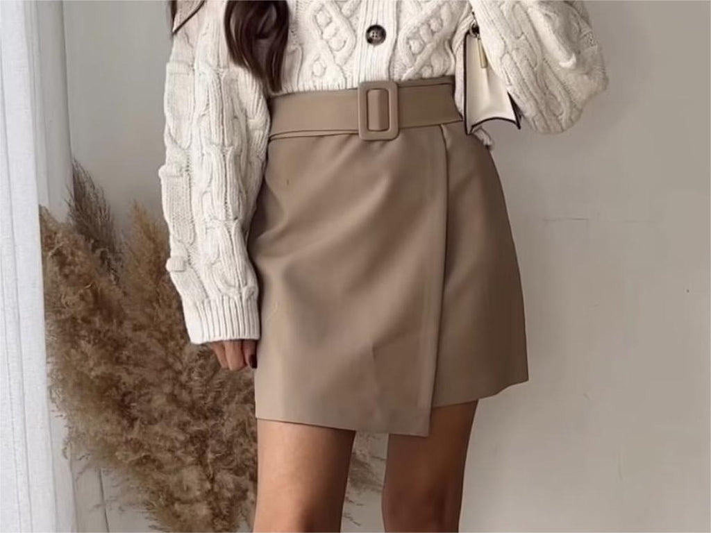 Women's Autumn Khaki With Belt High Waist Slim A Line Skirt