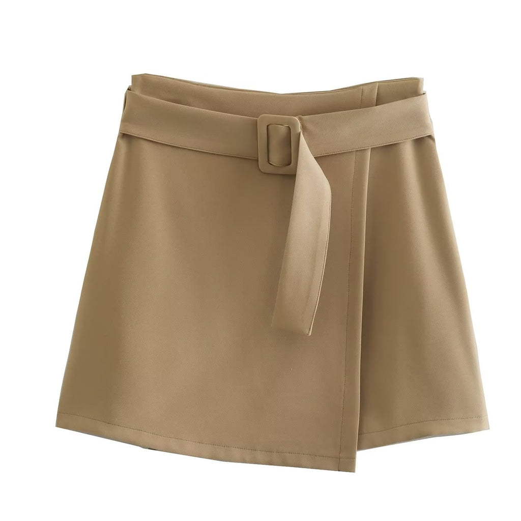 Women's Autumn Khaki With Belt High Waist Slim A Line Skirt