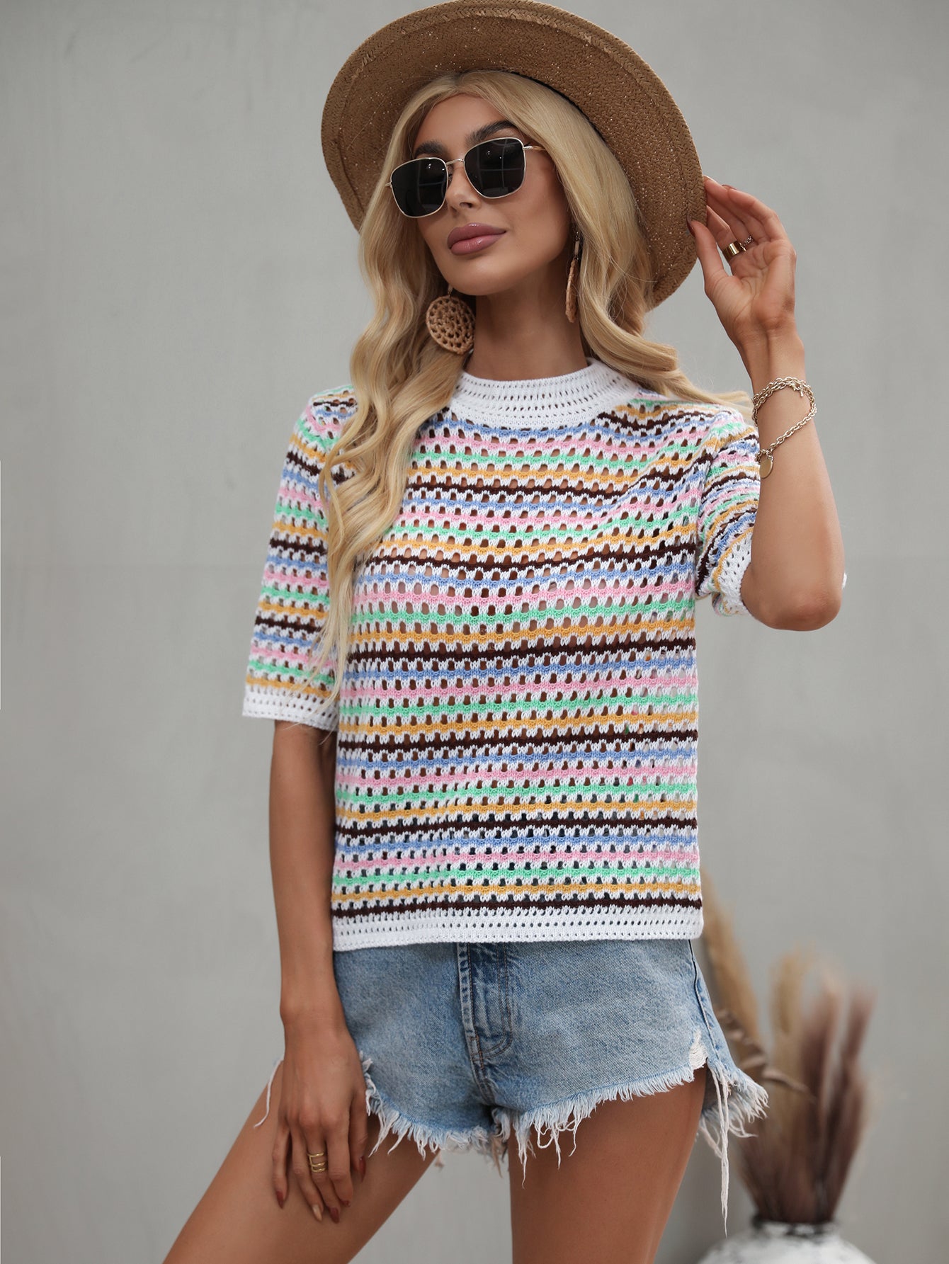 Women's Spring Summer Stitching Hollow Out Cutout Sweater Loose Round Neck Striped Sweater