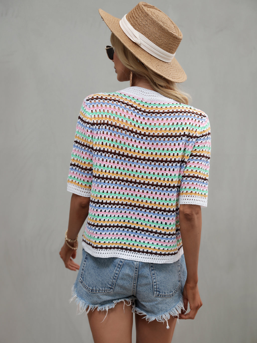 Women's Spring Summer Stitching Hollow Out Cutout Sweater Loose Round Neck Striped Sweater