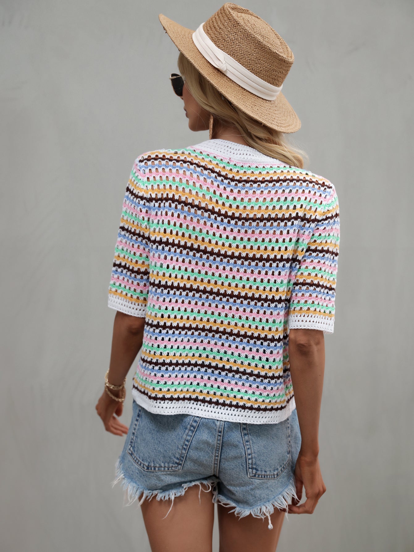 Women's Spring Summer Stitching Hollow Out Cutout Sweater Loose Round Neck Striped Sweater