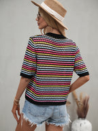 Women's Spring Summer Stitching Hollow Out Cutout Sweater Loose Round Neck Striped Sweater