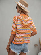 Women's Spring Summer Stitching Hollow Out Cutout Sweater Loose Round Neck Striped Sweater