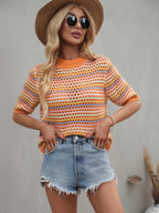 Women's Spring Summer Stitching Hollow Out Cutout Sweater Loose Round Neck Striped Sweater