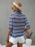 Women's Spring Summer Stitching Hollow Out Cutout Sweater Loose Round Neck Striped Sweater