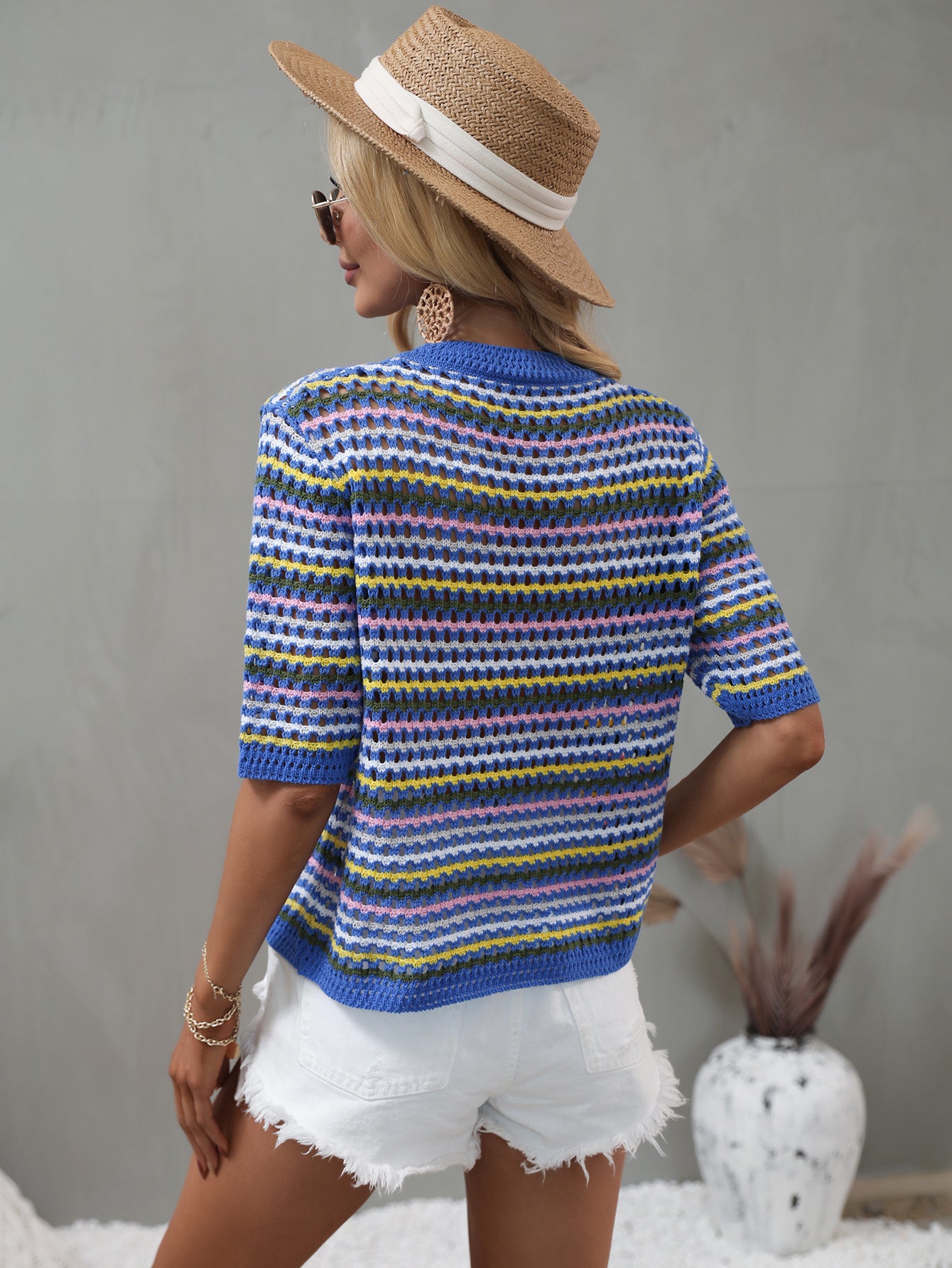 Women's Spring Summer Stitching Hollow Out Cutout Sweater Loose Round Neck Striped Sweater