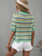 Women's Spring Summer Stitching Hollow Out Cutout Sweater Loose Round Neck Striped Sweater