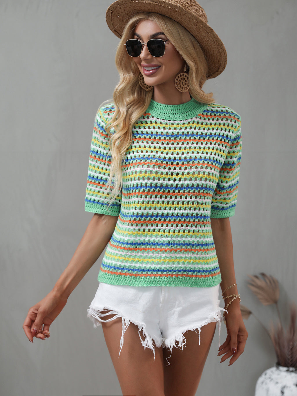Women's Spring Summer Stitching Hollow Out Cutout Sweater Loose Round Neck Striped Sweater
