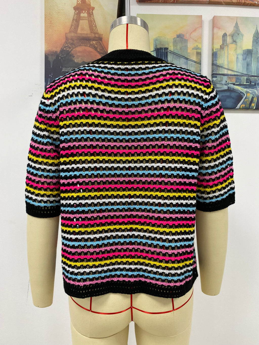 Women's Spring Summer Stitching Hollow Out Cutout Sweater Loose Round Neck Striped Sweater
