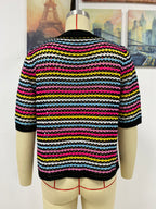 Women's Spring Summer Stitching Hollow Out Cutout Sweater Loose Round Neck Striped Sweater