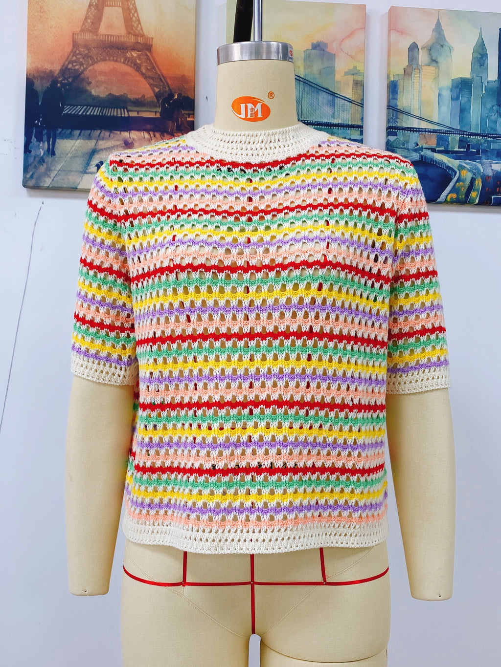 Women's Spring Summer Stitching Hollow Out Cutout Sweater Loose Round Neck Striped Sweater