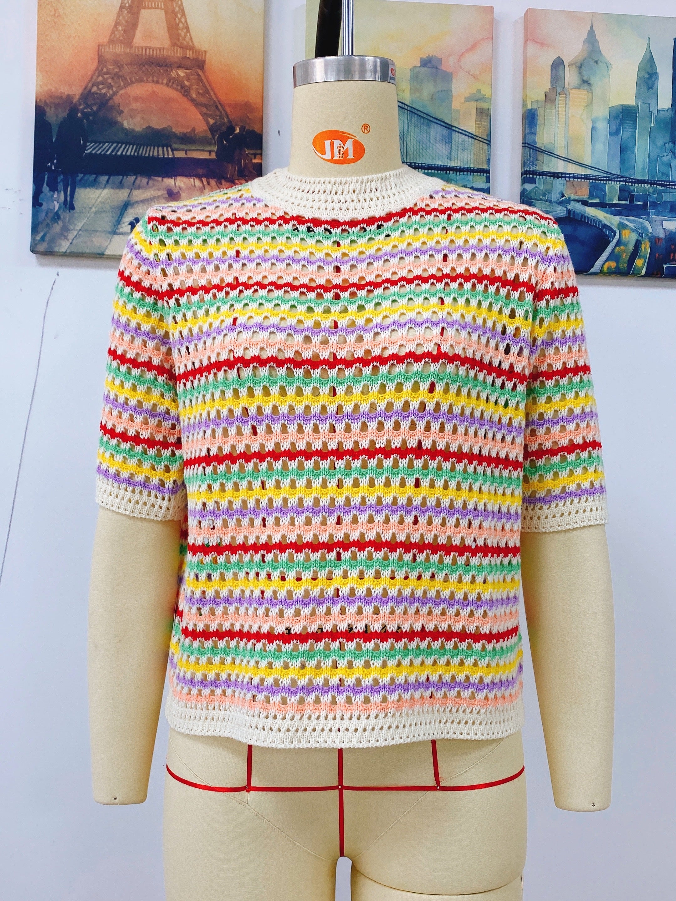 Women's Spring Summer Stitching Hollow Out Cutout Sweater Loose Round Neck Striped Sweater