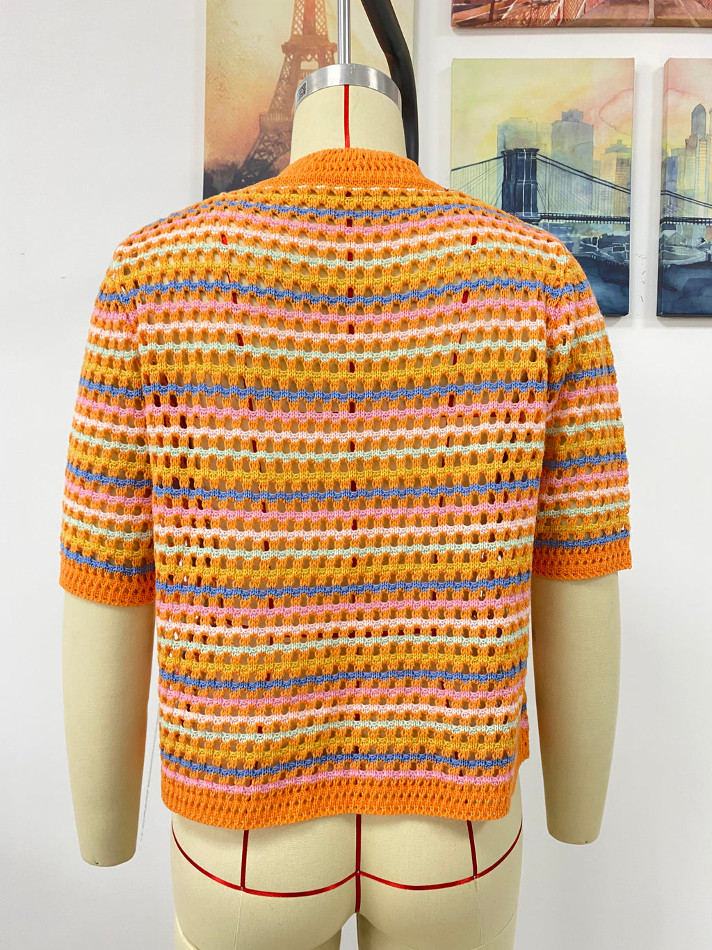 Women's Spring Summer Stitching Hollow Out Cutout Sweater Loose Round Neck Striped Sweater