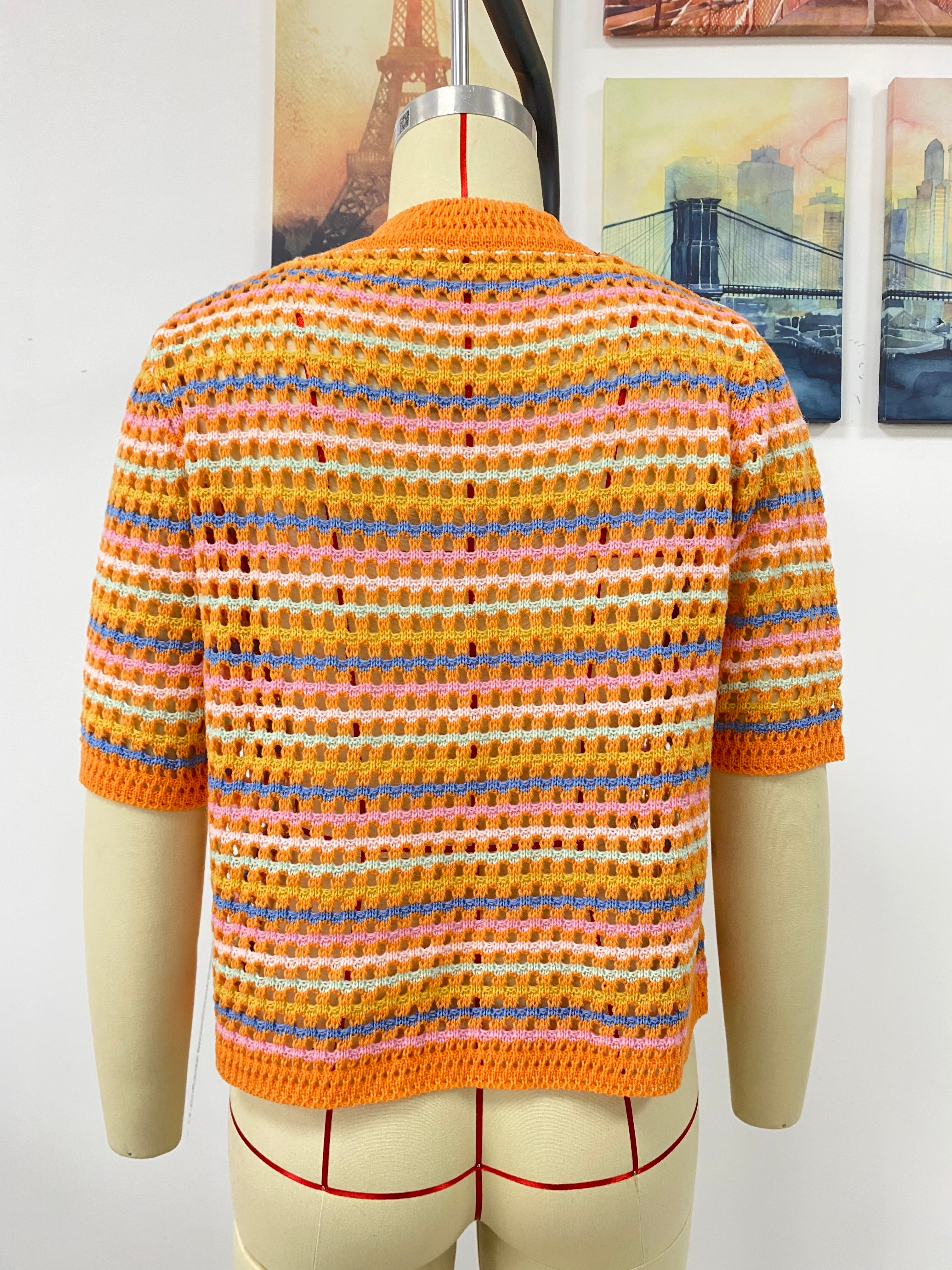 Women's Spring Summer Stitching Hollow Out Cutout Sweater Loose Round Neck Striped Sweater