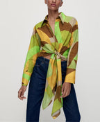 Women's Autumn Women Geometric Abstract Pattern Lace Up Long Sleeve Chic Shirt