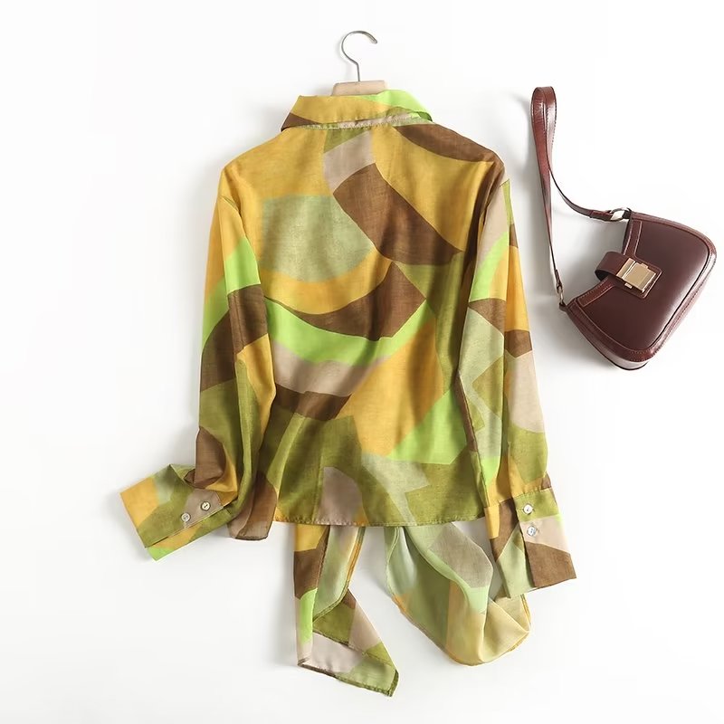 Women's Autumn Women Geometric Abstract Pattern Lace Up Long Sleeve Chic Shirt