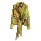 Women's Autumn Women Geometric Abstract Pattern Lace Up Long Sleeve Chic Shirt