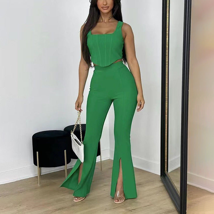 Summer Pants Suit Solid Color Office Sleeveless Vest Split Trousers Casual Two Suits Set