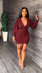 Pleated V-Neck Long-Sleeve Sheath Dress