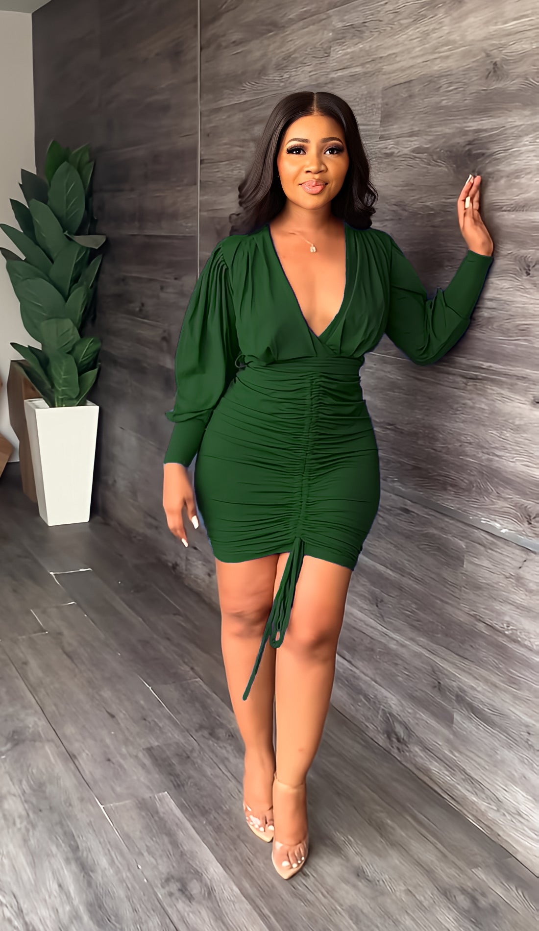 Pleated V-Neck Long-Sleeve Sheath Dress