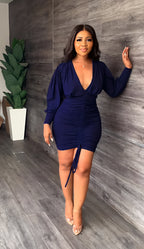 Pleated V-Neck Long-Sleeve Sheath Dress