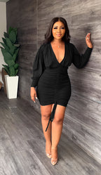 Pleated V-Neck Long-Sleeve Sheath Dress