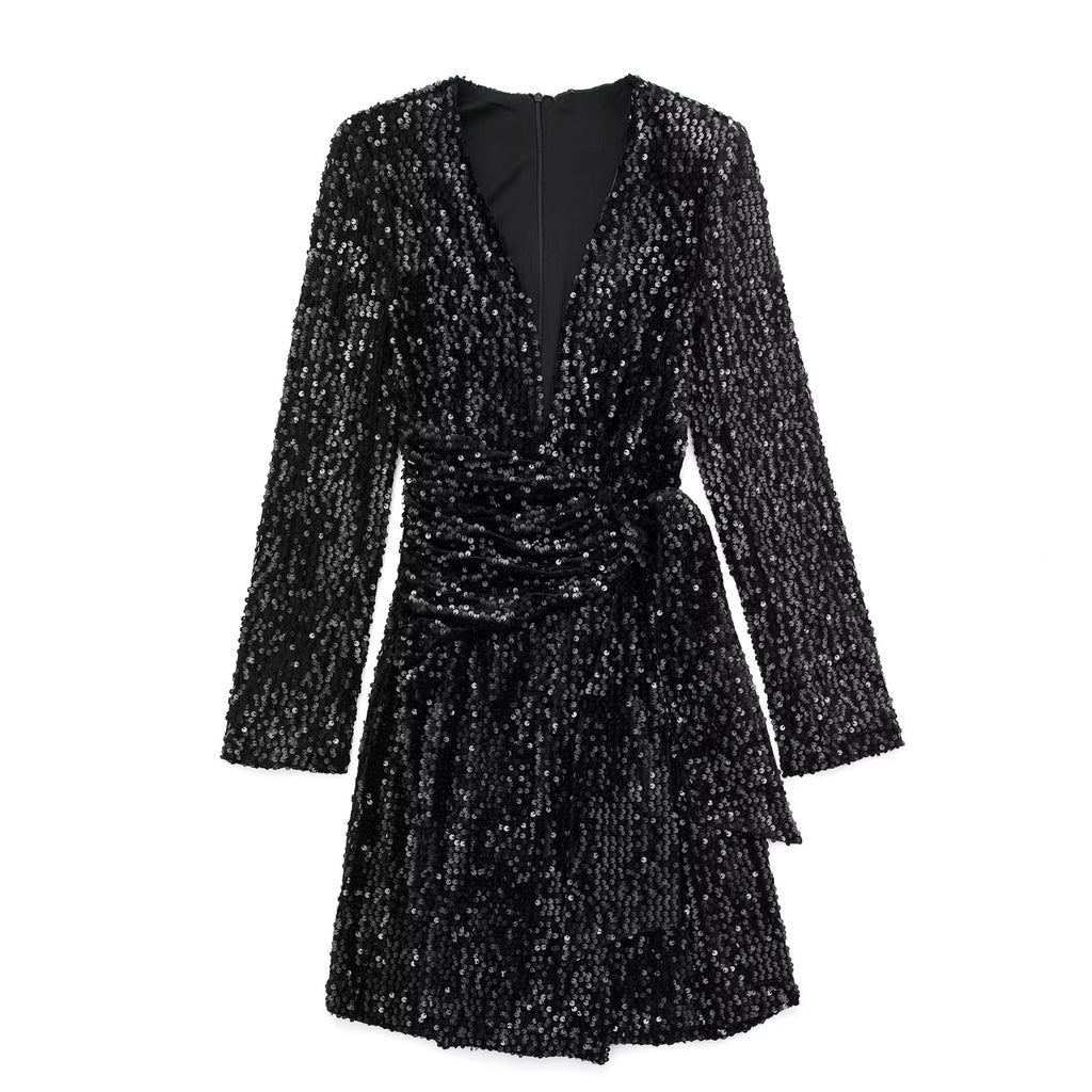 Retro Beads Decoration Long Sleeved Hip Dress