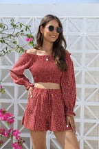 New Spring Summer Elegant Vacation Crackdown With Fragmented Floral Shorts Set