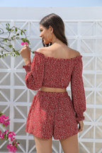 New Spring Summer Elegant Vacation Crackdown With Fragmented Floral Shorts Set