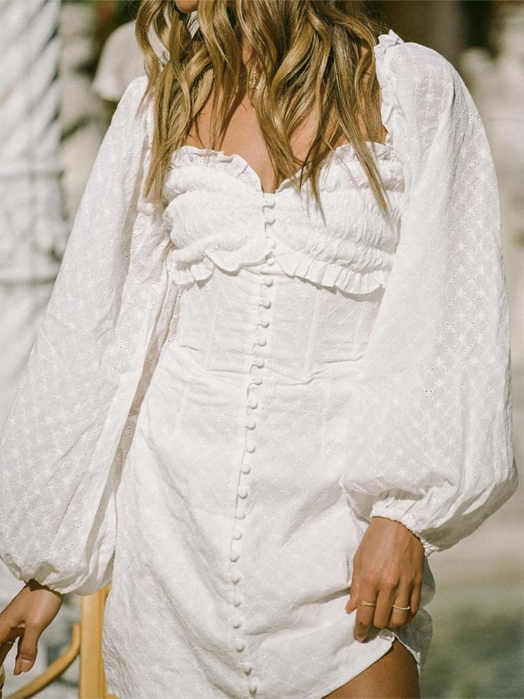 Embroidered Ruffle Long-Sleeve A-Line Mini Dress