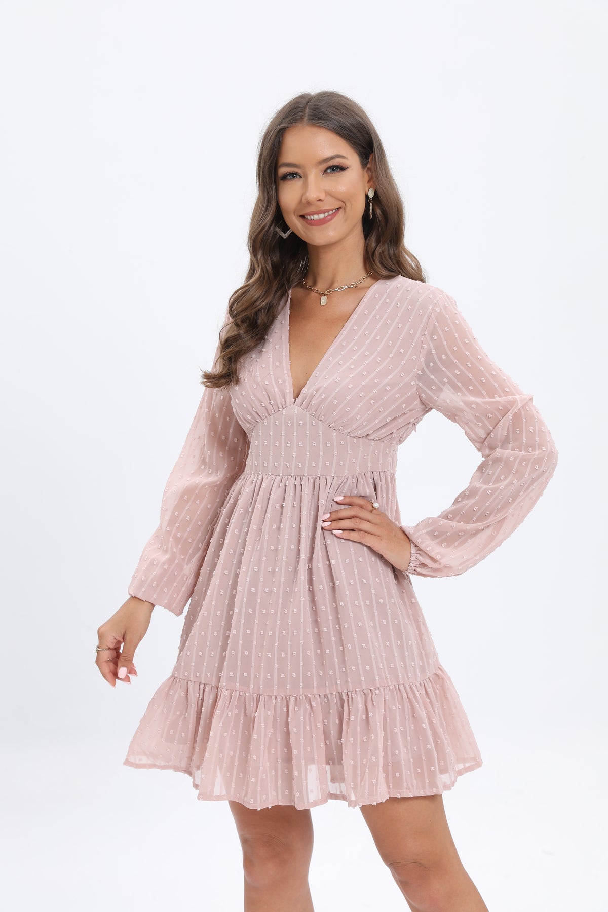 Women's Elegant Deep V Long Sleeve A Line Dress