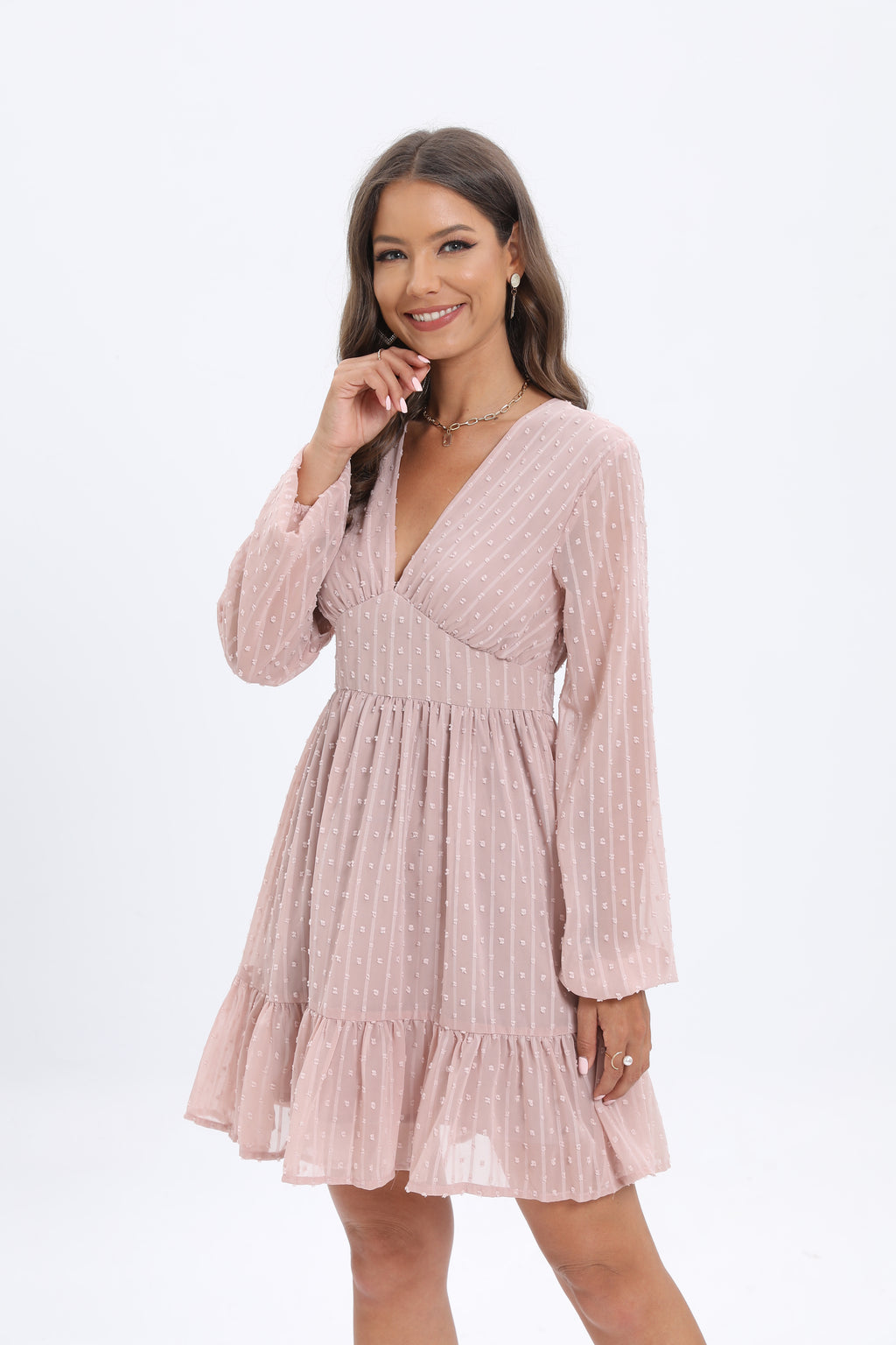 Women's Elegant Deep V Long Sleeve A Line Dress