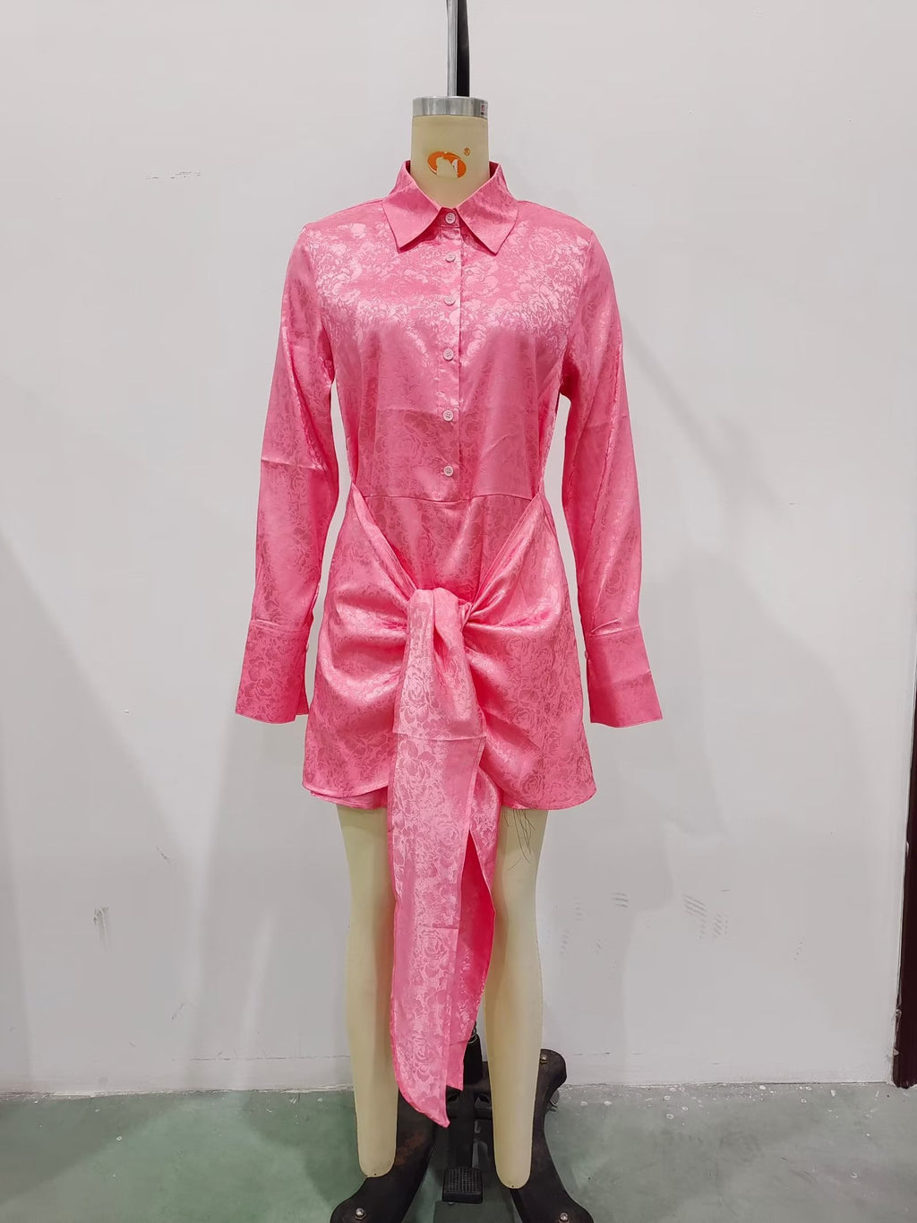 Autumn Women Clothing Surface Jacquard Waist Lace up Office Shirt