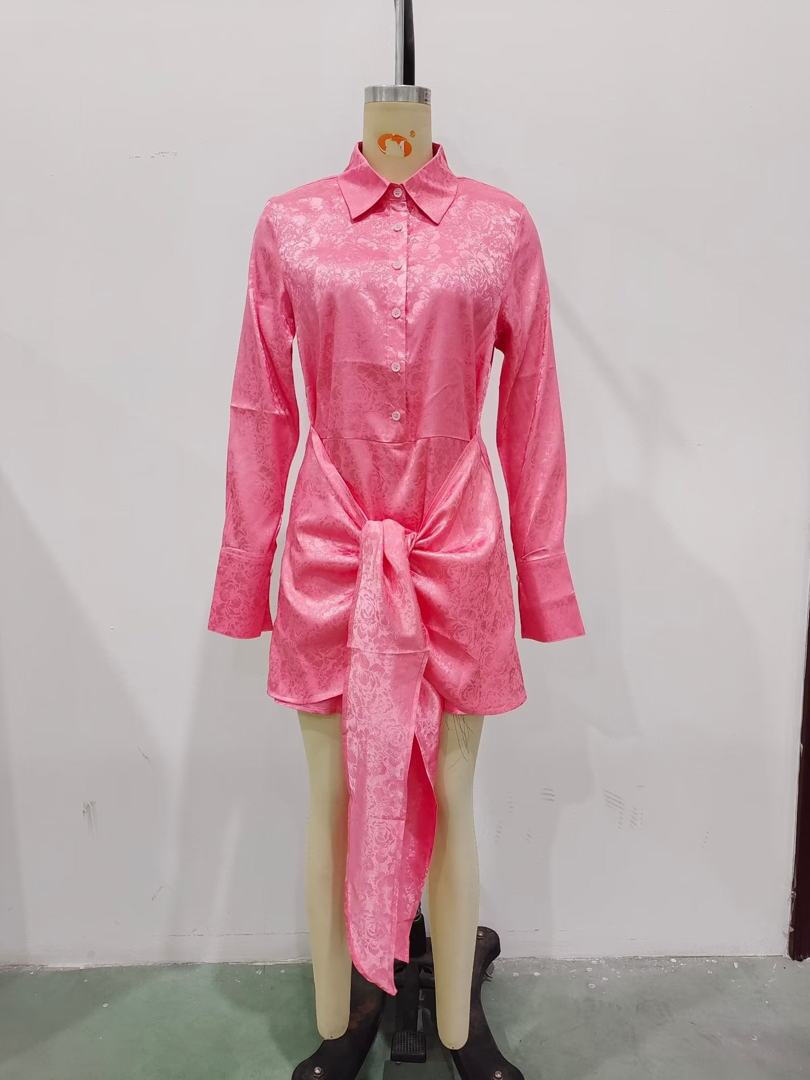 Autumn Women Clothing Surface Jacquard Waist Lace up Office Shirt