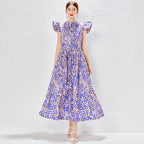 Women's Ruffle-Trim Printed Crew-Neck Maxi Dress