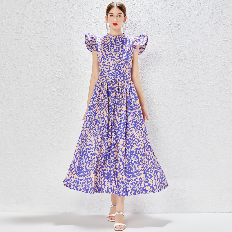 Women's Ruffle-Trim Printed Crew-Neck Maxi Dress
